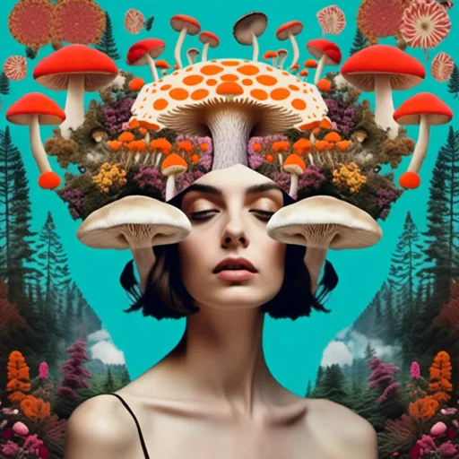 Prompt: <mymodel>Mixed media collage of a beautiful woman, mushroom headpiece, surreal atmosphere, vibrant colors, high quality, mixed media collage, surreal, vibrant colors, detailed facial features, ethereal lighting