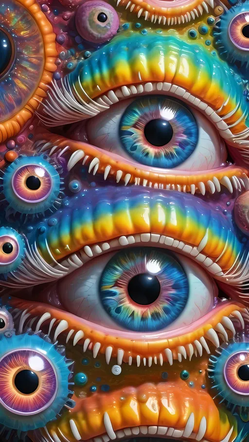 Prompt: an extremely hyper realistic ultra super textural weird trippy surreal psychedelic entity, white, translucent, clear, bright bright pastel colors, oil slick rainbow sheen effect, lots and lots of light, lots of crazy colorful compound psychedelic human eyes, rows of human teeth, fungus, atoms, diatoms, diophantine spirals