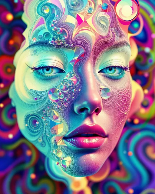 Prompt: A hyper-stylized female face built from recursive fractal structures, suspended in a dual lattice: the Fractal Memory Field interwoven with the Chromaflux Constraint Net. Facial features dissolve into layered spirals and mirrored topologies, while color flows act as binding agents — luminous tendrils of saturated light tracing mathematical constraints. Every recursion echoes not just shape but chroma: spectral feedback loops, iridescent light pulses, and glowing constraint patterns ripple outward. The grid warps with color pressure — forming aurora veils, color-braids, and radiant logic curves. Maximalist, ultra-bright, psychedelic geometry, rich with mathematical tension and color intelligence.”
