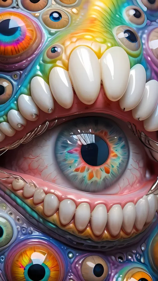 Prompt: an extremely hyper realistic ultra super textural weird trippy surreal psychedelic entity, clelia curves, , white, translucent, clear, bright bright pastel colors, oil slick rainbow sheen effect, lots and lots of light, lots of crazy colorful compound psychedelic human eyes, rows of human teeth, fungus, atoms, diatoms, clelia curves