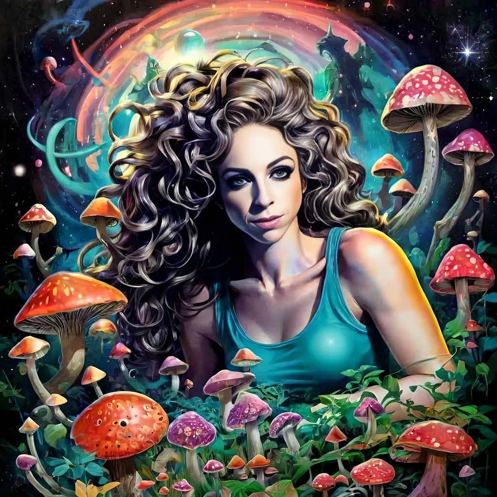 Prompt: A psychedelic trippy bright colorful vivid black light poster illustration of a girl with longish blond curly hair, with psychedelic magic mushrooms, trippy hallucinations, optical illusions and patterns, crystals, moss, forest, moon, geometry fractals