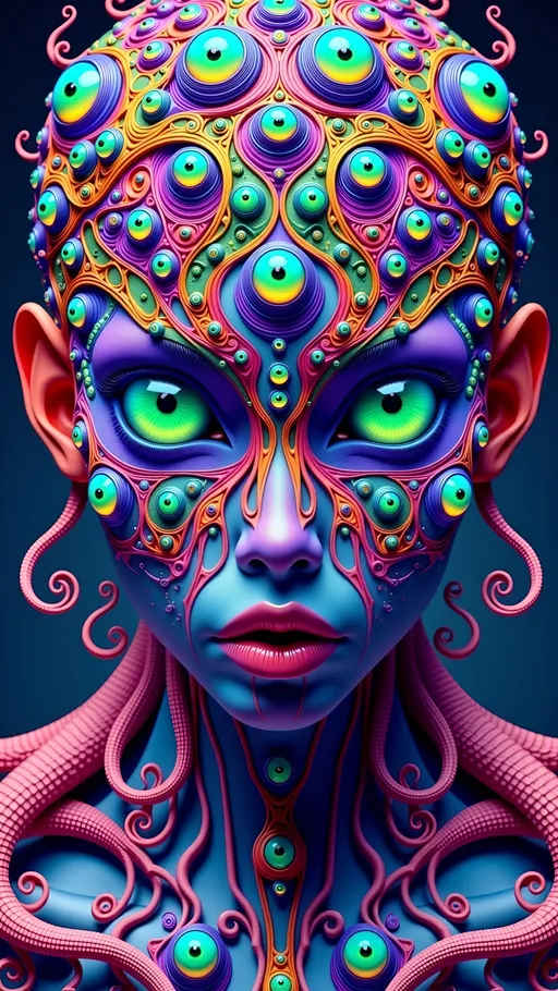 Prompt: An extremely super hyper detailed hyperrealistic weird surreal trippy psychedelic entity manifests, featuring an overwhelming array of psychedelic human eyes, meticulously arranged in a mesmerizing Spirograph pattern. These eyes, each vibrant and unique, echo the intricate loops and curves of the design, creating a hypnotic visual rhythm. Rows upon rows of psychedelic teeth, each resembling a miniature fractal tree, branch out in recursive patterns, their textures mimicking the organic complexity of natural growth.

The entity's form is enriched by coral-like patterns, with its surface exhibiting intricate branching structures reminiscent of coral formations, adding layers of complexity and depth. Its texture is a swirling amalgamation of fractal geometries and Voronoi tiling, forming a cellular structure that pulsates with life.

On a microscopic level, the entity's skin is a tapestry of radiolarians, each with a lattice-like structure and radiating spines, contributing to its otherworldly appearance. These intricate forms are interspersed with elongated, tubular shapes of foraminifera, their surfaces adding tactile roughness.

Elements of Labradorite and Charoite infuse the entity with iridescent flashes and swirling purple hues, their crystalline structures playing with light across the surface. The metallic sheen of Pyrite adds reflectivity, interspersed with the deep azure of Azurite, forming a striking contrast that enhances the surreal aesthetic.

In the background, a cosmic scene unfolds, inspired by quantum foam, a seething mass of bubbles and fluctuations at the Planck scale, creating a dynamic and ever-changing backdrop. This scene is enriched by quantum entanglement, visualized as an invisible web linking particles across the universe, adding interconnectedness to the surreal landscape. The entire scene is bathed in the soft, ethereal glow of a Fibonacci spiral galaxy, its arms stretching out in a harmonious cosmic dance.