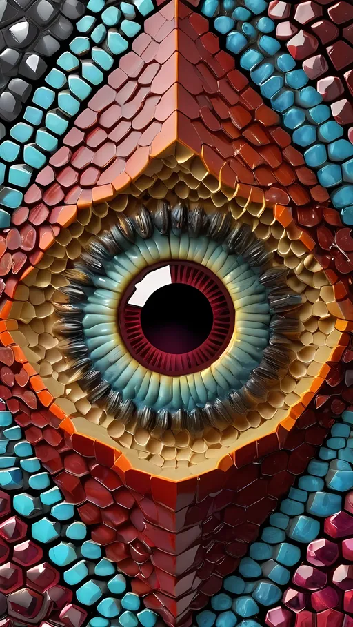 Prompt: Create an extremely hyper-realistic, ultra super textural, weird, trippy, surreal, psychedelic eyes/teeth/mouth pattern/design based on “Sierpiński Hexagon” & “ Escheresque tiling” with lots of human eyes (crazy colorful compound psychedelic), rows of human teeth, human lips, and tongues. 

- **Colors**: determined by the properties and expressions of the elements (& their isotopes), minerals, and metals: Tantalum (Ta), “Fusarium verticillioides”, Hematite, Crocoite, garnet, Trichroism

**Shapes and forms**
- “Sierpiński Hexagon”
- "Escheresque tiling" 
-other shapes determined by the natural properties and expressions of the elements (& their isotopes), minerals, metals, and biological organisms: diatoms, Tantalum (Ta), Hematite, Crocoite, garnet 


- **Textures**: Derived from any/all elements (& their isotopes), minerals, metals, crystals, organic things mentioned in this prompt: Tantalum (Ta), “diatoms”, Hematite, Crocoite, garnet

**Composition and Layout**:
- a pattern/design based on the “Escheresque tiling” & “Sierpiński Hexagon”  

**Lighting**:
- Trichroism


**Detail and Atmosphere**:
- Extreme hyperrealistic sharp high detail high definition organic and mineral textures
- Psychedelic, weird, odd, surreal atmosphere
- Frozen in time

**Additional Elements**:
- extra rows of teeth, lips, many eyes, diatoms, Op Art tiling, “Sierpiński Hexagon” , Aventurescence, Chatoyancy
