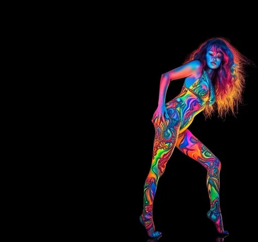 Prompt: <mymodel>Woman in swimsuit posing, psychedelic hallucinations, vibrant lights dancing, colorful patterns, high quality, digital art, psychedelic, vibrant colors, detailed pose, professional lighting