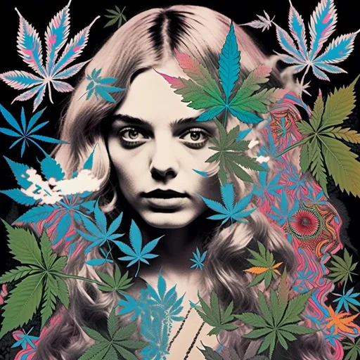 Prompt: <mymodel>Mixed media collage of a girl with long blond curly hair and blue eyes, black and white photograph, cannabis leaves, mushrooms, smoke and fractals in the background, hand-colored, high contrast, psychedelic, detailed facial features, vintage style, atmospheric lighting