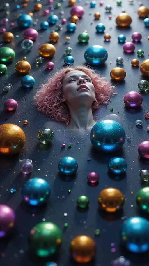 Prompt: A white female figure with a luminous presence, approximately 5’4” and 120 lbs, floats at the heart of a multidimensional sacred harmonic manifold. Her skin glows with iridescent pastel light, and her long, wildly curly pink hair radiates outward like solar flares, interweaving with the surrounding geometry. The manifold around her resembles a Calabi–Yau structure, alive with recursive toroidal flows, Penrose tiling distortions, and golden-ratio helices. Oil-slick iridescence coats the geometry in shifting hues—violet, turquoise, rose-gold—reflecting her inner energetic resonance. Her form is semi-translucent, composed of spectral light and interwoven with fractal circuitry that pulses with chakra-aligned frequencies. Chaotic elements ripple through the environment: Möbius bands twist through dimensionless space, plasma glyphs of forgotten cosmic languages emerge and dissolve, and nonlinear shockwaves of energy disrupt Euclidean order. Behind her, a star-strewn void provides a celestial canvas, pierced by higher-dimensional light flares and fractal starbursts. Her gaze is serene and infinite, as if holding ancient quantum knowledge. The visual texture merges holographic hyperrealism with a delicate analog film grain, evoking the feel of divine cinematography. The composition captures a moment of metaphysical emergence: the soul incarnated as sacred geometry made flesh—both chaotic and ordered, harmonic and wild, divine and personal.
