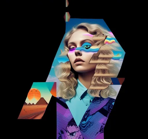 Prompt: A psychedelic collage featuring a photograph of a woman with blond curly long hair. The photo is cut and spliced with other photos - of cats, eyes, body parts, roads, landscapes, trippy optical illusion patterns, pickles, hamburgers, realistic  desert, alien  landscapes, geometric shapes etc in such a way that she has a psychedelic open third eye, in a psychedelic cut and paste collage <mymodel>