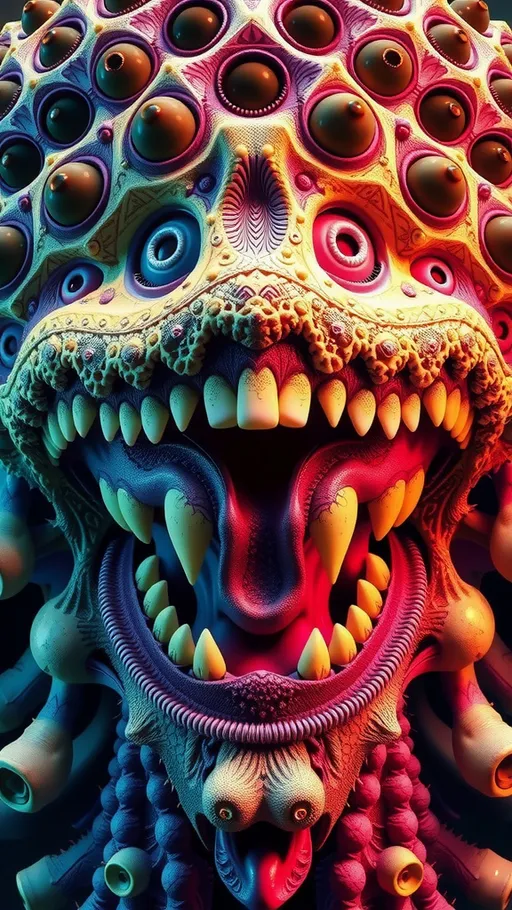 Prompt: Create an extremely hyper-realistic, ultra super textural, weird, trippy, surreal, psychedelic eyes/teeth/mouth creature/entity based on “metatron’s cube” with lots of human eyes (crazy colorful compound psychedelic), rows of human teeth, human lips, and tongues. 

- **Colors**: determined by the properties and expressions of the elements (& their isotopes), minerals, and metals: Nickel (Ni), Aventurine, Chrysoberyl

**Shapes and forms**
- “Metatron's Cube”
-other shapes determined by the natural properties and expressions of the elements (& their isotopes), minerals, metals, and biological organisms: diatoms, Nickel (Ni), Aventurine, Chrysoberyl


- **Textures**: Derived from any/all elements (& their isotopes), minerals, metals, crystals, organic things mentioned in this prompt: “Metatron's Cube” Nickel (Ni), Aventurine, Chrysoberyl

**Composition and Layout**:
- a pattern/design based on the “Metatron's Cube”

**Lighting**lots and lots of bright shining reflective light
- Trichroism


**Detail and Atmosphere**:
- Extreme hyperrealistic sharp high detail high definition organic and mineral textures
- Psychedelic, weird, odd, surreal atmosphere
- Frozen in time

**Additional Elements**:
- extra rows of teeth, lips, many eyes, diatoms, “Metatron's Cube” , Aventurescence, Chatoyancy
