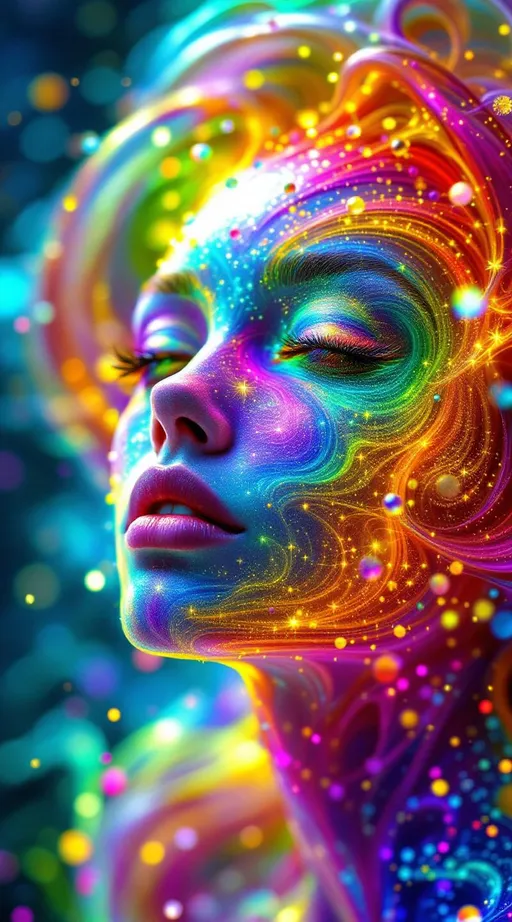 Prompt: A female entity of rainbow fractal light, suspended mid-spacetime in a warped anti-de Sitter lattice. Her form consists of recursive dermal shells—quasi-immaterial, layered in orbit trap spirals, domain coloring arcs, and distance-estimator halos. Each layer radiates candy-pink, UV violet, prism gold, and electric aqua. Her skin glistens with bokeh sparkles and domain-colored diffraction paths arranged in a quasi-Penrose tiling of pentacle star mirrors. These micro-mirrors scatter light like kaleidoscopic glitterbombs, encoding emotional recursion and sacred glam.

Her spectral face undulates with angular hue shifts from complex plane transformations—mask-like and fluid, reflecting inverse Laplace logic. Her toroidal eyes are portals rimmed with Möbius-wrapped parity loops, each pupil a nested rainbow vortex diffracting observer-bound caustics. Every limb obeys the covariant entropy bound, pulsing with interference spirals derived from domain magnitude and wrapped in FFT-driven gold-to-violet Lissajous glyphs over cymatic fields vibrating at 963 Hz.

She dwells in a dimension shaped like a disco ball—except every mirrored tile is a radiant pentacle. The space glows with escape-time light bursts, orbit-trap outlines, and polarized angular gleam, shimmering with pleochroism and iridescent echo trails. Her clavicles glow with moiré sigils; wrists shimmer like relics of glitter-coded computation.

A crown-halo of entangled bit-thread stars forms Ryu–Takayanagi loops above her, while her hair streams in ferrofluidic glitter filaments—responsive to harmonic resonance. Light trails her like recursive glam echoes, encoded in prism entropy. She is both being and legend: a vessel of chroma recursion, maximal sparkle, and mythic technicolor.

#escape #domaincoloring #orbittrap #lisafrankcore #symbolicheavy #quantumsurrealism #rainbowmaximal #glitteroracle
