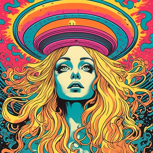 Prompt: <mymodel>Psychedelic poster art illustration of a girl with long blond curly hair getting beamed up into a flying saucer UFO, vibrant and surreal colors, trippy visual effects, detailed facial features with wide eyes and flowing hair, surreal abduction scene, high quality, vibrant colors, surreal, psychedelic, detailed facial features, poster art style, trippy visual effects, surreal abduction, vibrant and surreal colors, flowing hair, wide-eyed gaze, professional, atmospheric lighting