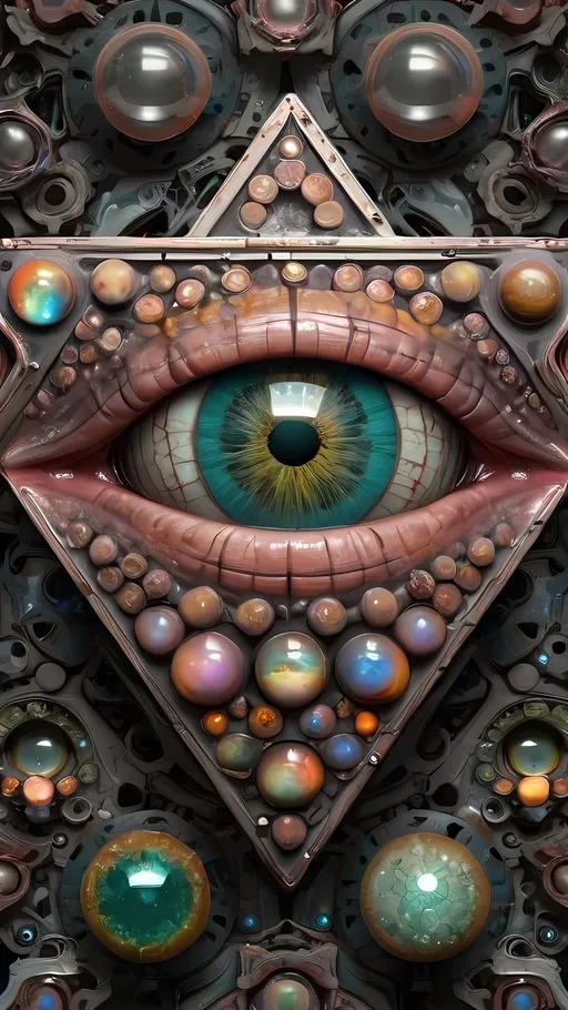 Prompt: Create an extremely hyper-realistic, ultra super textural, weird, trippy, surreal, psychedelic eyes/teeth/mouth pattern/design based on “metatron’s Cube” with lots of human eyes (crazy colorful compound psychedelic), rows of human teeth, human lips, and tongues. 

- **Colors**: determined by the properties and expressions of the elements (& their isotopes), minerals, and metals: Nickel (Ni), Aventurine, Chrysoberyl

**Shapes and forms**
- “Metatron's Cube”
-other shapes determined by the natural properties and expressions of the elements (& their isotopes), minerals, metals, and biological organisms: diatoms, Nickel (Ni), Aventurine, Chrysoberyl


- **Textures**: Derived from any/all elements (& their isotopes), minerals, metals, crystals, organic things mentioned in this prompt: “Metatron's Cube” Nickel (Ni), Aventurine, Chrysoberyl

**Composition and Layout**:
- a pattern/design based on the “Metatron's Cube”

**Lighting**lots and lots of bright shining reflective light
- Trichroism


**Detail and Atmosphere**:
- Extreme hyperrealistic sharp high detail high definition organic and mineral textures
- Psychedelic, weird, odd, surreal atmosphere
- Frozen in time

**Additional Elements**:
- extra rows of teeth, lips, many eyes, diatoms, “Metatron's Cube” , Aventurescence, Chatoyancy
