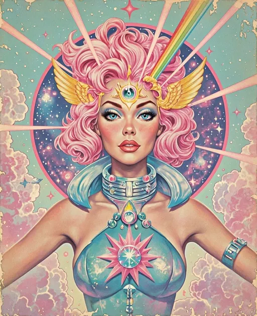 Prompt: A super stylized, hyper-illustrative portrait of Merry as a RetroFuturisti Psychedelic Cosmic Priestess—a radiant slim woman with wild, gravity-defying pink curls and sparkling blue eyes, rendered in a soft, grainy analog illustration style reminiscent of 1960s sci-fi paperbacks and retro magazine covers. Her hair blooms like a nebula in vintage roller-set waves, haloed by a golden winged crown with embedded rainbow prisms and crystalline tech etched like sacred circuitry.

Her third eye, a radiant lens jewel set in a golden starburst on her forehead, emits a glowing pulse of soft light. Rainbow beams shoot from her wide, eyeliner-drenched eyes—mid-century retro lashes flaring dramatically. The light refracts through stylized vector stardust and pin-up-style planetary rings.

She wears a retro spacesuit collar redesigned as a jewel-encrusted cosmic choker with giant faux gems and light-reactive metalwork, catching pink and gold flares. Behind her, a radial burst of pinks and aquas expands like a sunburst mandala, textured with worn halftones and vintage print fade. The background sky is a faded pastel blend of sunset tones and dreamlike clouds revealing collaged galaxies and analog stargates, peppered with sparkly atomic stars and UFO silhouettes.

Illustrative style: hand-drawn 60s sci-fi pulp cover with modern detail, posterized shading, and a soft, vintage magazine texture overlay. Medium: digital illustration mimicking silkscreen and risograph grain. Mood: cheeky, sacred, kitschy, iconic. Think Barbarella as a spiritual oracle meets Lisa Frank on a vision quest. Aesthetic keywords: analog futurism, sacred sci-pop, glam mysticism, pastel pop spiritualism, illustrated cosmic camp.
