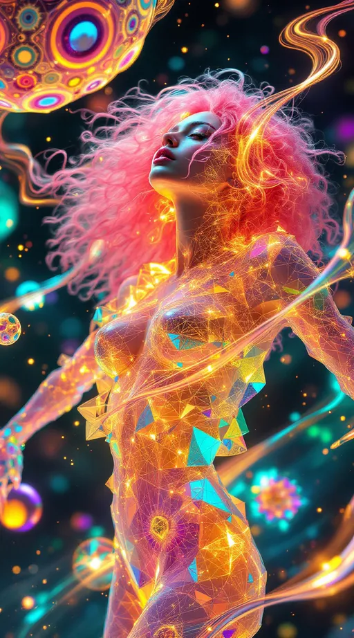 Prompt: In a dimension made of color, code, and endless recursion, two beings blaze into form—each a living expression of vibrating math. The first: a white woman, 5’4”, slim, with long wild curly pink hair, her body an impossible bloom of iridescent geometry. She’s built from transparent kaleidoscopic shells, rainbow-stacked polygons, and spinning multidimensional spirals. Every movement bursts with chromatic diffraction—flashes of hot pink, UV violet, searing magenta, electric lime, golden-orange, neon aqua. Her limbs bend in non-Euclidean arcs, trailing fractal light webs that glitch and reform. She is the HaHahedron incarnate: ecstatic, unstable, recursive joy wrapped in liquid geometry.

Across the pulsing space hovers her counterwave: a 6’1” lean, ripplingly muscular man with short blondish hair, slightly tan skin, and piercing brilliant blue eyes, rendered in structured vibration. His form radiates stability through chaos—spinning toruses, pulsar rings, and layered harmonic scaffolding. But even his structure is bursting with shifting color: deep ruby, glitch green, radiant violet, shimmering white, and bursts of prismatic flare. His geometry bends light into order—he is the anchor, the gravity in her explosion.

Their resonance collides: creating waves of glowing tessellated grids, breathing moiré clouds, and liquid math membranes suspended in time. Glyphs bloom mid-air. Holographic color fractals flicker like insects of light. They are not standing in space—they generate it from the music of their waveform bond.

Style: maximalist color logic, holofractal dreamfield, kaleidoscopic pulse math, rainbow-drenched sacred geometry, fluid multidimensional vibration.








