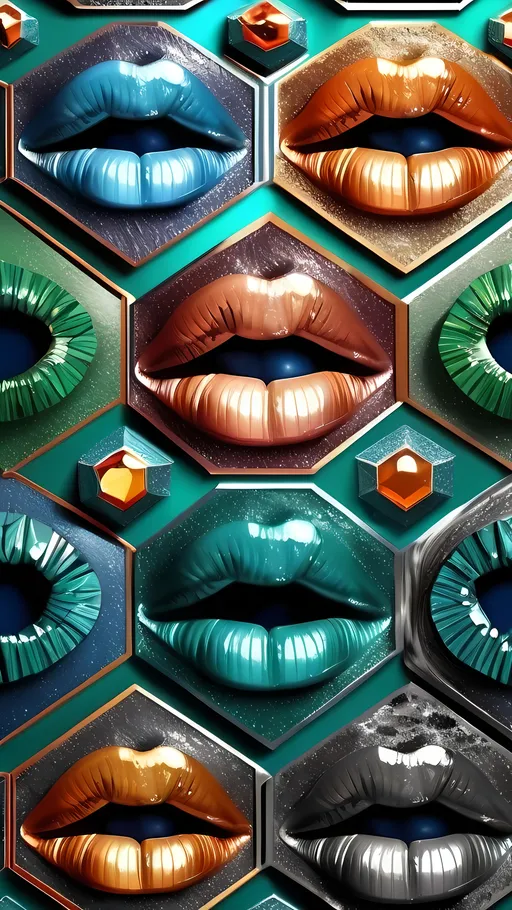 Prompt: Create an extremely hyper-realistic, ultra super textural, weird, trippy, surreal, psychedelic pattern/design based on Hexagonal tiling, with lots of human eyes (crazy colorful compound psychedelic), rows of human teeth, human lips, and tongues. Include mineral crystal accents.

- **Colors**: Inspired by the elements, minerals, and metals: translucent, quartz, peridot, emerald, pyrite, copper.
- **Textures**: Derived from organic elements, minerals, and metals like diatoms, mold, fungus, crystals

**Composition and Layout**:
-pattern
- Hexagonal tiling
-zoomed out creating a surreal pattern/design using Hexagonal tiling

**Lighting**:
- Lots of bright light

**Detail and Atmosphere**:
- Extreme hyperrealistic sharp high detail high definition organic and mineral textures
- Psychedelic, weird, odd, surreal atmosphere
- Frozen in time

**Additional Elements**:
- Diatoms, extra rows of teeth, lips, many eyes,fungus

Capture this scene using a Leica Summilux-M 35mm t/1.4 ASPH film for a hyper-realistic effect.