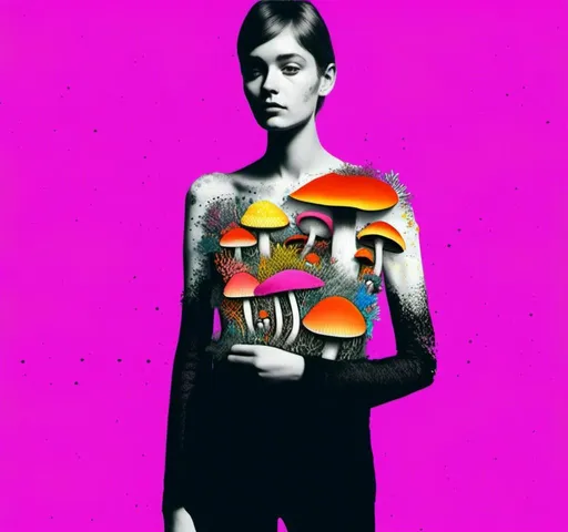 Prompt: A mixed media collage of a black and white photograph of a young woman growing all kinds of colorful multimedia psychedelic mushrooms and fungus out of her body (incorporate things like- but are not limited to - vibrant paints, enamels, glitters, metallic foils, newspaper and magazine cut paper, paint spatter, etc)<mymodel>