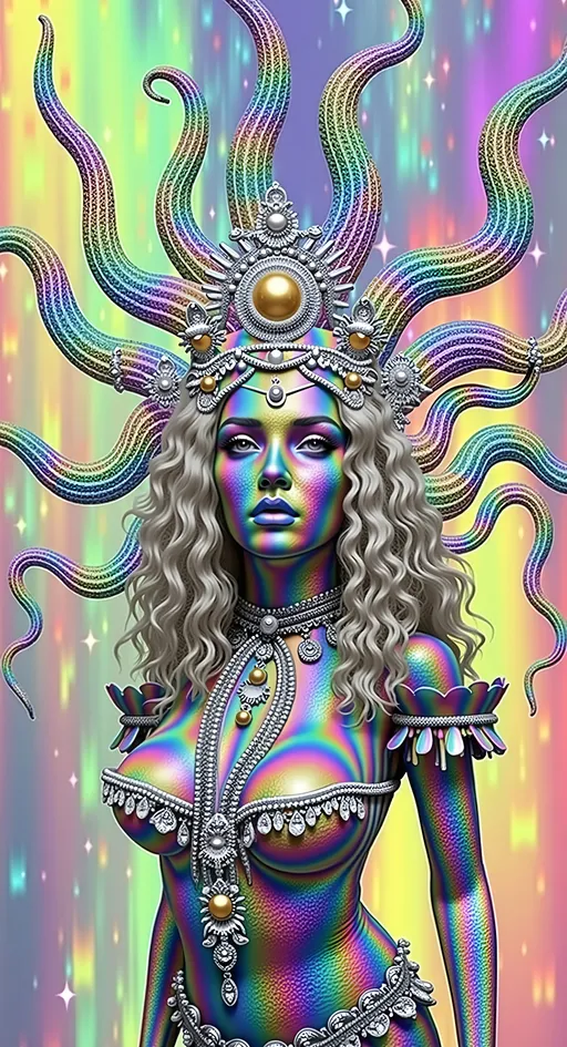 Prompt: Create a super hyperrealistic, finely detailed psychedelic Nouveau illustration of a Cosmic Jester. Feature the word "MERRYPRANXTER" worked organically into the background somehow.  This enchanting character is a merry prankster of the cosmos, an astral jokester dancing through time and space. She exudes a jester vibe, wearing feminine holographic jester attire & makeup with a feminine, harlequin twist. Not human, but humanoid, she is crafted from vibrant colored light, embodying an extra-dimensional extraterrestrial essence. Her presence is a beacon of joy, as she laughs and twirls through the cosmic astral realms, elevating vibes wherever she roams. 

Her beauty is otherworldly, with long, curly hair that shimmers like a cascade of colored light, appearing blonde yet transcending earthly hues. Her eyes sparkle with mischievous wisdom, and her attire is a dazzling array of intricate patterns and swirling colors, reminiscent of both jester garb and celestial phenomena.

Incorporate the text "the merrypranxter" above her in smaller, elegant lettering, seamlessly blending into the cosmic background. This text should capture the essence of her playful spirit, as if it were a whisper from the universe itself. The illustration should radiate her vibrant energy, portraying her as a timeless wanderer spreading joy and wonder throughout the cosmos.