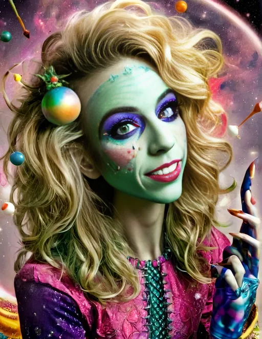 Prompt: Psychedelic hyperrealism of a female cosmic jester, long blond curly hair, vibrant psychedelic jester hat and attire and makeup, hallucinations, psilocybin, merry prankster of multidimensional geometry, tesseracts, hypercubes, trippy, highres, hyperrealism, cosmic, vibrant colors, hallucinatory, detailed makeup and attire, multidimensional, psychedelic