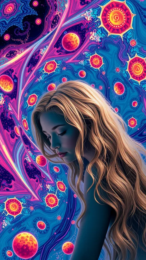 Prompt: A psychedelic ego death experience. A girl with long blond curly hair on psychedelics hallucinating herself being sucked into an infinite swirling angry chaotic roiling ocean of pure fractals. She melts, and becomes one with the ocean, becoming fractals herself and experiencing being one with everything in the universe, seeing it all from every point of view, before forming into human again over and over 