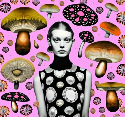 Prompt: a mixed media collage of a girl wearing or growing mushrooms/fungus as clothing body parts and accessories. She is a black and white or halftone photograph, the mushrooms and fungal growths are to be mixed media, including but not limited to paint, enamel, foils, glitter, sparkle, sequins, found objects, natural items, rhinestones etc <mymodel>