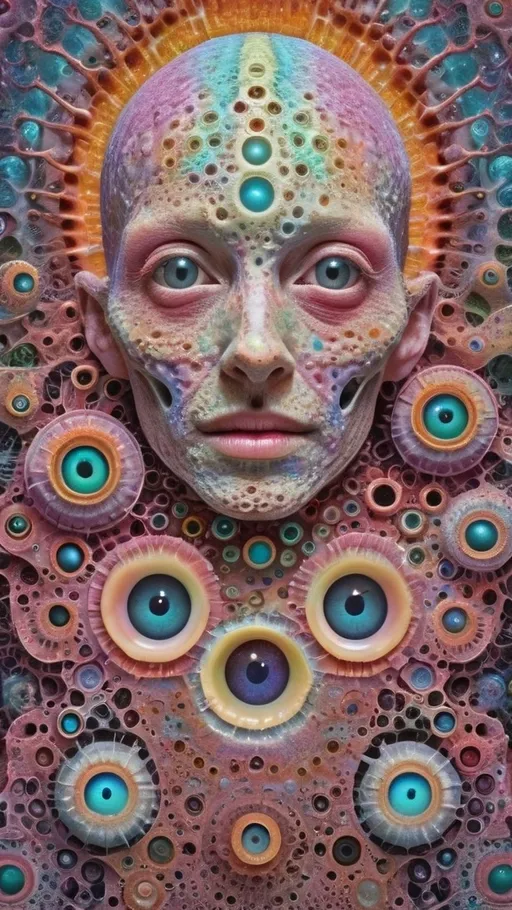 Prompt: an extremely hyper realistic ultra super textural weird trippy surreal psychedelic entity, Kleinian Groups, apollonian gaskets, catenoids, white, translucent, clear, bright bright feminine pastel colors, oil slick rainbow sheen effect, lots and lots of light, lots of crazy colorful compound psychedelic human eyes, rows of human teeth, fungus, radiolarians,  atoms, diatoms, enneper sufaces, apollonian gaskets, Kleinian Groups