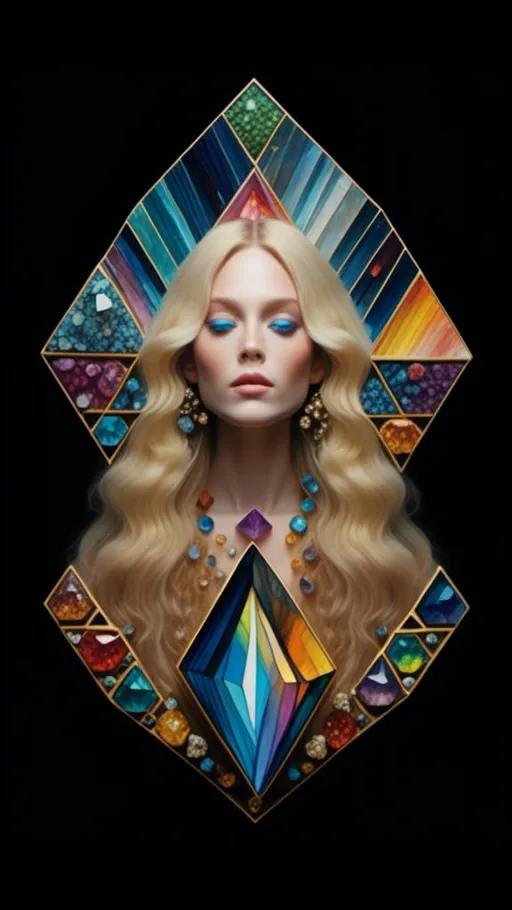 Prompt: <mymodel>Blonde woman with long curly hair, giant gem set eyes, psychedelic hallucination, rainbow fractals, geometry, inlaid precious gemstones, crystals, high quality, surreal, gemstone mosaic, detailed hair, vibrant colors, hallucinatory atmosphere, mesmerizing, otherworldly, natural lighting