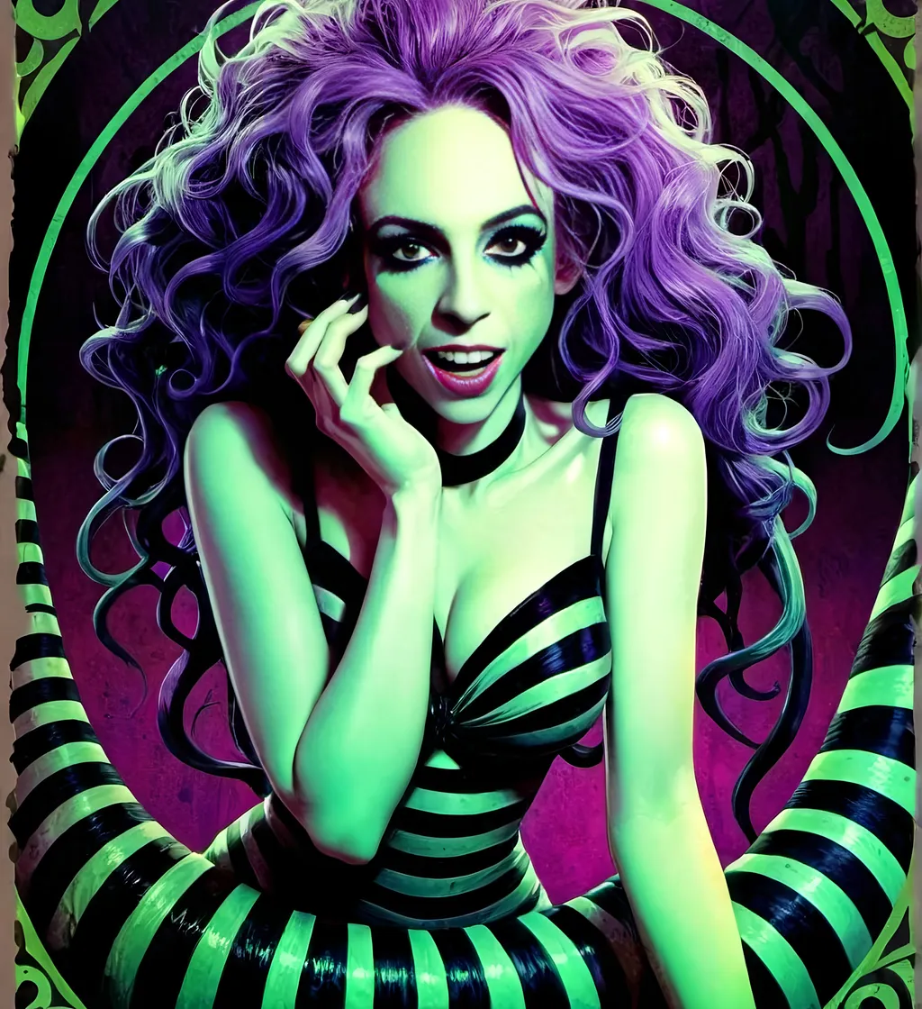 Prompt: <mymodel>Beetlejuice-themed illustration with Tim Burton aesthetic, sandworm, purple, neon green, black, textured pattern, high-quality, detailed, Tim Burton style, cartoon, dark tones, eerie lighting, sandworm texture, Beetlejuice aesthetic, vivid colors, eerie atmosphere, gothic, haunting, neon accents, detailed patterns, spooky, beetlejuice, highres, textured, neon, eerie, detailed texture, Tim Burton style, haunting, vivid colors