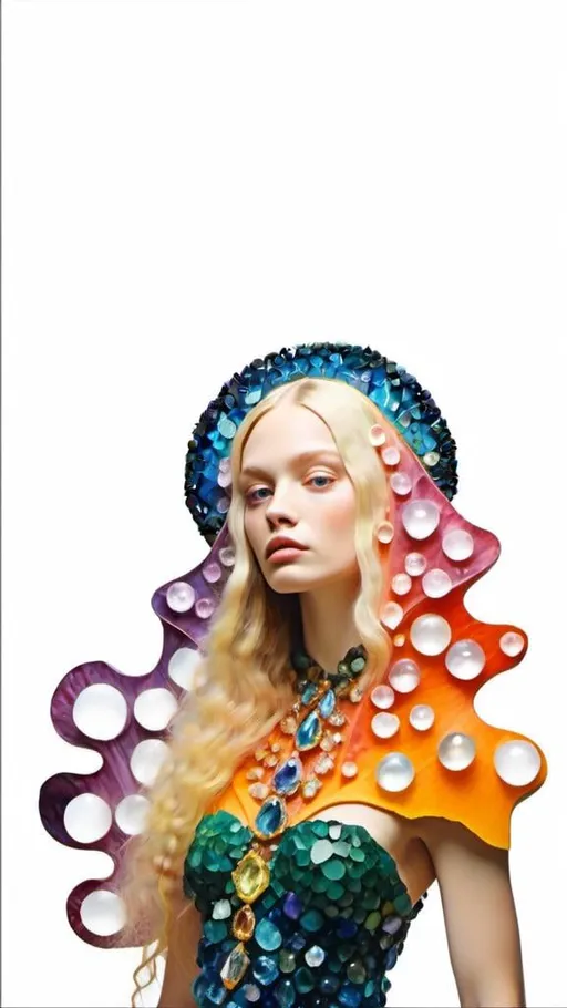 Prompt: <mymodel>Woman with long blond curly hair and mushrooms made of precious gemstones, fungal clothes encrusted with sparkling crystals, high-quality, magical realism, vibrant colors, detailed facial features, natural lighting