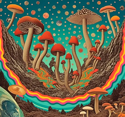 Prompt: <mymodel>Retro psychedelic collage of vibrant, 70s-inspired fungus, mushrooms, vibrant colors and patterns, surreal collage cut and paste composition, landscapes, trippy patterns, optical illusions, planets vintage analog texture, high quality, retro, psychedelic, vibrant colors, surreal, vintage, analog texture, detailed patterns, artistic