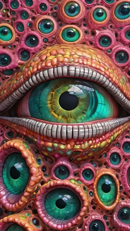 Prompt: an extremely hyper realistic ultra super textural weird trippy surreal psychedelic entity, Cardioid Curves, ,,, translucent, copper, clear, bright vivid teals, pinks/yellows/greens, black charcoal, lots and lots of light, lots of crazy colorful compound psychedelic human eyes, rows of human teeth, fungus,  atoms, diatoms,, Cardioid Curves