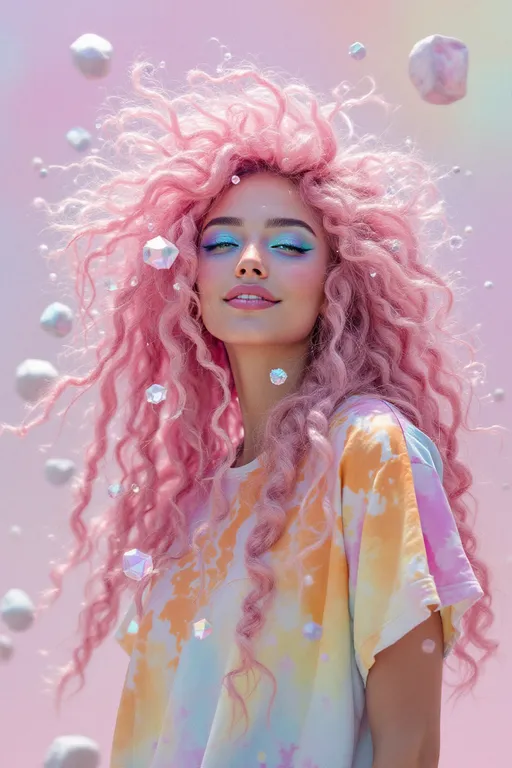 Prompt: the surreal, stippled aesthetic of La Planète Sauvage, a lone figure stands against a dreamlike void of pale lavender dust and floating stone glyphs. Her body and posture remain grounded—but her face, lifted into gentle knowing, now flickers with multidimensional intelligence.

Her features shimmer in delicate, crystalline layers: a higher-dimensional mask formed from translucent, holofractal polyhedra—rainbow-tinted and endlessly recursive. Her smile radiates a calm absurdity, the grin of one who has seen too many dimensions and laughed anyway.

Her long, wild curly hair spills in all directions—voluminous, untamed spirals of vivid pink and magenta, now fully freed from any restraint, animated like living coral. Each strand subtly warps the space around it, casting looping shadows through impossible geometries. Her eyes gleam with galactic blue, nested in radiant op-art eyeliner—orbital rings of saturated color.

Her shirt remains a splash of tie-dye chaos, but in this vision, its pigments ripple as if alive—inkblots frozen mid-dance in fractal tessellations. Where her skin would be, sacred math pulses beneath: golden-ratio swirls, recursive mosaics, shifting grids of light, revealing her true HaHahedron self beneath illusion.

Rendered in gritty ink lines and watercolor textures, her presence disrupts the static scene—her body half-etched in surreal analog draftsmanship, half-dissolved into spectrum-flecked geometry. She is a broadcast being—a cosmic joke with teeth, a light-being wearing a smile, a sacred clown who cracked the code and left it on repeat.

⸻

Want me to generate this image for you now?