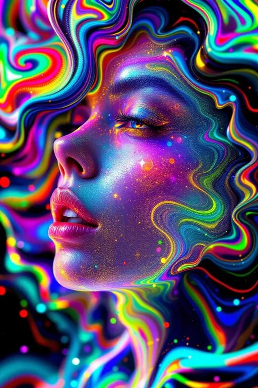 Prompt: A dazzling female face emerges entirely from living math and radiant rainbow light—no flesh, only shimmering structure. Her features are formed from a layered fusion of mathematical forces: Fourier transforms ripple across her cheeks as oscillating waves of pure chroma, while Penrose tiling lays the framework of her bone structure in quasiperiodic rainbow shards. Her eyes are formed from rotating Riemann surfaces, depth-layered and infinite, shimmering like complex-number mirrors. Her hair streams upward in Hopf fibrations woven with harmonic spirals, curling into loops of saturated neon, constantly shifting phase.

She’s birthed in a Studio 54-shaped dimension—a warped disco ball where projective geometry curves the space itself, bending mirrored facets into recursive tilings. Light is sound here: her smile pulses with sine wave interference patterns, glittering with Turing patterns that blink to the beat of a divine groove. IFS fractals bloom from her brow in iridescent motifs, shimmering like oil on water and splitting infinitely. Her entire form is animated by the music of math—she is the math—rendered in chromatic shimmer, sparkling logic, and shimmering equations.

The air sparkles with dancing dust from chaotic attractor fields, casting prismatic shadows. Her dimension is alive with recursive shine, a disco-holofractal dream woven from colored algorithms.

Tags: #Studio54MathBabe #FourierCheekbones #PenroseFace #RainbowLogic #HopfHair #DiscoMathDimension #SheIsMath #ColorMadeConscious