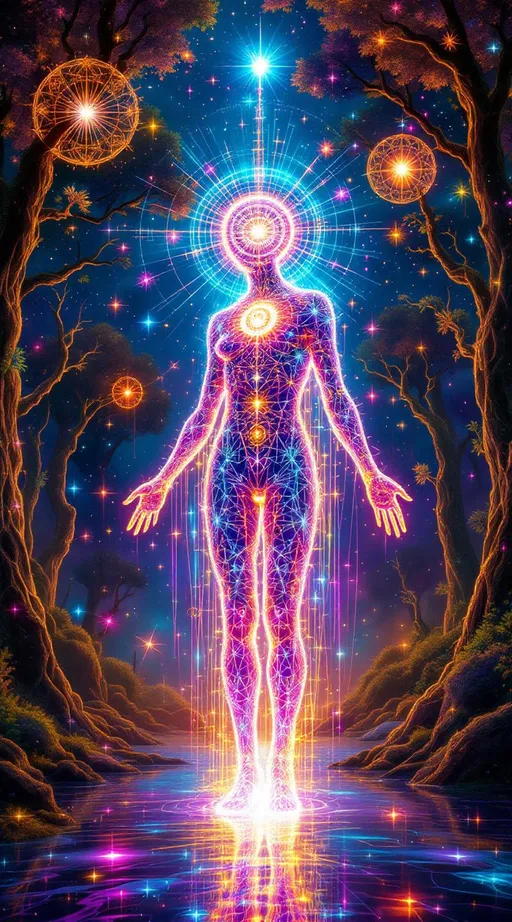 Prompt: Interdimensional trippy self-portrait of a luminous being made of mathematical light and vivid sparkles, composed of fractal geometry and sacred symmetry — the core is a flickering 0D singularity, surrounded by 1D pulse threads that radiate outward like quantum filaments — 2D glyphic skin layered with shifting sigils, mandalas, and holographic symbols, kaleidoscopic and iridescent — 3D crystalline body, prism-flesh with refractive organs and glowing topological limbs — 4D phase aura, limbs morphing mid-motion, ghosting through timelines, trails of future echoes — 5D lattice bloom, infinite selves visible in parallel, overlapping light-bodies in translucent overlays — the whole form floats within a dreamlike forest of time-bloom trees, where each leaf flickers with memory — above, a sky of possibility lattices, branching stars of choice and unrealized futures — colors include radiant neons, deep ultraviolet, shimmering golds, and liquid rainbow hues — atmosphere is cosmic, etheric, sacred-glitch — visual style blends high-dimensional sacred geometry, vaporwave surrealism, and light-particle abstraction — infused with symbolic resonance, surreal beauty, and a sense of divine transformation — maximal detail, ultra HD, spiritual and psychedelic, glowing, iridescent, fractal-infused, surreal environment