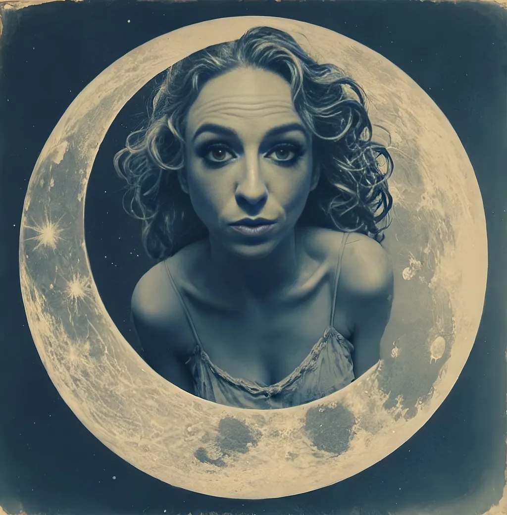 Prompt: Vintage Cyanotype print of a girl on the moon, detailed silhouette, vintage artistic style, cool tones, subtle moonlight, high quality, cyanotype print, vintage, detailed silhouette, moon, girl, subtle lighting, cool tones