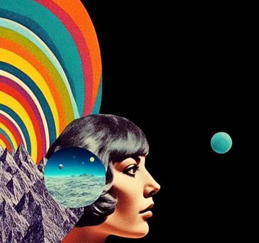 Prompt: <mymodel>Psychedelic trippy collage with a surreal vintage 70s sci-fi feel, vibrant colors, retro futuristic elements, surreal landscapes, detailed psychedelic patterns, high quality, vintage sci-fi, mixed with photograph of a woman with blond curly hair, geometric shape and optical illusions, vibrant colors, surreal, detailed patterns, trippy, collage, 70s, retro futuristic, surreal landscapes, detailed, atmospheric lighting