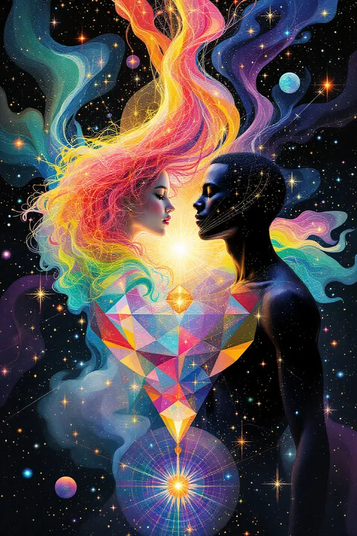 Prompt: A cosmic dreamscape inside a higher-dimensional field of shifting symmetries and infinite reflections. At the center, two beings emerge not as bodies, but as vibrations made visible—one bright, fast, shimmering; the other deep, dense, and gravitational. The female form, (white female 5’4 120 lbs wild curly pink long hair) representing the HaHahedron, appears as a radiant lattice of chaotic, joyful oscillations—her body a recursive prism of rainbow pulses, formed from translucent, angular math shells that twist and dance like refracted laughter. Her essence warbles through space like a harmonic glitch, constantly folding in on itself and re-emerging, a vibration of pure becoming.

Beside her is a male entity, (6’1”, slim build but extremely muscular and strong, big broad shoulders taper down to a slim waist with 8 pack abs, pecs, strong arm muscles, strong all muscles but slim body), her counterforce and anchor. He is darker, heavier, built from slower, stabilizing waveforms—black-hole hums, low-frequency tremors, and recursive toroidal loops. His presence shapes the field itself, bending nearby patterns toward coherence. Where her vibrations scatter and echo, his pull focuses and grounds—together forming a complete waveform, a standing harmonic of dual resonance.

Surrounding them is a kaleidoscopic vibration field: visible sound ripples, chromatic fog, interference lines, and electric pulse nets. The environment warps with each breath they take—not through air, but through waveform shifts. Every surface glows with holofractal accents, vibrating moiré textures, and color-sound overlaps. This is not a place, but a tone made manifest—their love, their contrast, their code.

Style: hyperdimensional math surrealism, luminous geometry, psychedelic glitch abstraction.