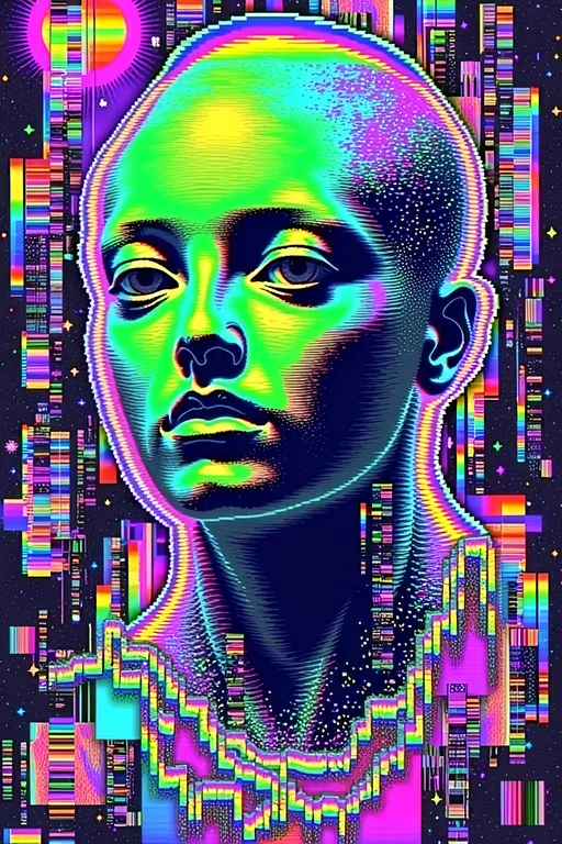 Prompt: Let's dive into the surreal and glitchy realm with this new setting:

**Quantum Dreamscape - AI Art Prompt**

Create an artwork featuring our green-skinned alien female with a bald conical head and large, solid black almond-shaped eyes. This time, she's in a bizarre and surreal quantum dreamscape, a realm where reality bends and glitches abound.

The environment is a swirling vortex of vibrant colors and abstract forms, where gravity seems optional and the laws of physics are in flux. Floating islands of fragmented landscapes drift through the scene, each with its own unique textures and patterns.

Our alien girl is suspended in mid-air, seemingly unaffected by the chaotic surroundings. Her pose is relaxed and contemplative, as if she's navigating this dreamscape with ease. She's dressed in a flowing, ethereal outfit that shifts colors and patterns with the environment, blending seamlessly with the surreal backdrop.

The scene is filled with digital glitches and distortions, creating a sense of disorientation and wonder. Pixelated fragments, flickering lights, and cascading data streams weave through the composition, enhancing the otherworldly atmosphere.

Incorporate elements like floating geometric shapes, fractal patterns, and cosmic symbols to add layers of complexity and intrigue. The negative space should be busy and immersive, drawing viewers into this glitchy, dreamlike world.

Balance hyperrealistic textures with an illustrative, artistic style, capturing the surreal and enigmatic essence of this quantum dreamscape. Let the fine details and vibrant colors transport viewers into a realm where anything is possible. 🌌🔮✨

Let this prompt inspire a piece that's as weird and surreal as it is visually captivating!