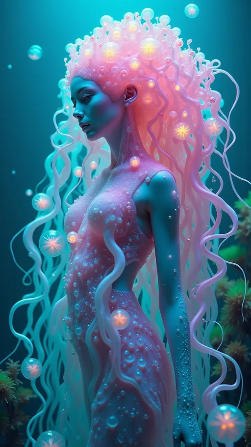 Prompt: A hyperrealistic portrait of a jellyfish-inspired woman, blending human elegance with the alien beauty of the deep sea. She is a slim, caucasian figure with long, wild, pink, very curly hair flowing like glowing jellyfish tendrils, illuminated with hues of cyan, lavender, and seafoam green. Her blue eyes shimmer like liquid, reflecting soft rainbows, while her translucent skin pulses with glowing chromatophores in pastel tones—pearlescent whites, muted corals, and electric blues.

Her avant-garde gown ripples like jellyfish bells, crafted from translucent, iridescent layers that refract light into soap-bubble rainbows. Bioluminescent tendrils drape her arms and neckline, while surreal, glowing makeup highlights her cheekbones and eyes. Her form blurs the line between human and aquatic, with fingers or limbs extending into delicate, luminous tendrils.

The background is an underwater dreamscape, filled with glowing jellyfish-like orbs and drifting bubbles, casting prismatic reflections. The lighting is bright yet diffused, with soft, shifting colors—pastels and neons blending seamlessly. The style is hyperrealistic, capturing every detail of texture, translucence, and light, creating a hauntingly beautiful fusion of fashion and the surreal wonders of the ocean.