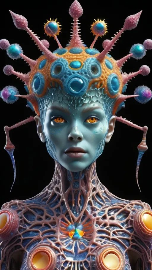 Prompt: Extremely hyperrealistic, ultra textural weird trippy psychedelic humanoid virus creature/entity queen crown jewelry cape, lots of crazy psychedelic compound human eyes, face, head, body, limbs, bright psychedelic colors, lots of light, Gyroid Structures, Moire Patterns, viruses: Viruses, virions, capsid, envelope, nucleocapsid, helical, icosahedral, spherical, filamentous, complex, polyhedral, bullet-shaped, rod-shaped, pleomorphic, enveloped, non-enveloped, spikes, glycoproteins, capsomeres, matrix proteins, lipid bilayer, surface proteins, tail fibers, head-tail structure, symmetry, size, morphology, electron microscopy, viral particles, viral structure, viral architecture, viral shapes, crystalline arrays, viral genome, RNA virus, DNA virus, segmented, non-segmented, capsid symmetry, viral envelope, tegument, viral surface, structural proteins, viral assembly, viral replication, host cell entry, viral budding, viral egress.