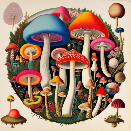 Prompt: A surreal 70s psychedelic collage all about MUSHROOMS. All kinds and colors of mushrooms/fungus (including but not limited to mushrooms, turkeytail, bracket and shelf fungi, puffballs, earth stars, stinkhorns, scizzophyllum commune, psilocybe cubensis, shaggy mane, parasol fungus, and more). They are to be collage spliced together with photos and elements such as outer space, alien/surreal/miuntain landscapes, space scenes/night sky, trippy psychedelic patterns/optical illusions, bright vivid colors, geometric shapes<mymodel>