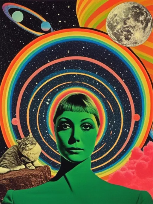 Prompt: <mymodel> Vintage 70s psychedelic surreal sci-fi Collage, analog, cut & paste, outer space, rainbows, spectrum, optical illusions/trippy patterns, surreal alien landscapes, UFOs, « little green men », psilocybin mushrooms, geometric shapes , planets, orbs, black night sky with stars, in the center, cats, 