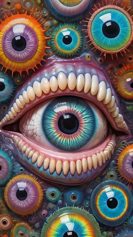 Prompt: an extremely hyper realistic ultra super textural weird trippy surreal psychedelic entity, Epicycloids, white, translucent, clear, bright bright pastel colors, oil slick rainbow sheen effect, lots and lots of light, lots of crazy colorful compound psychedelic human eyes, rows of human teeth, fungus, atoms, diatoms, Epicycloids