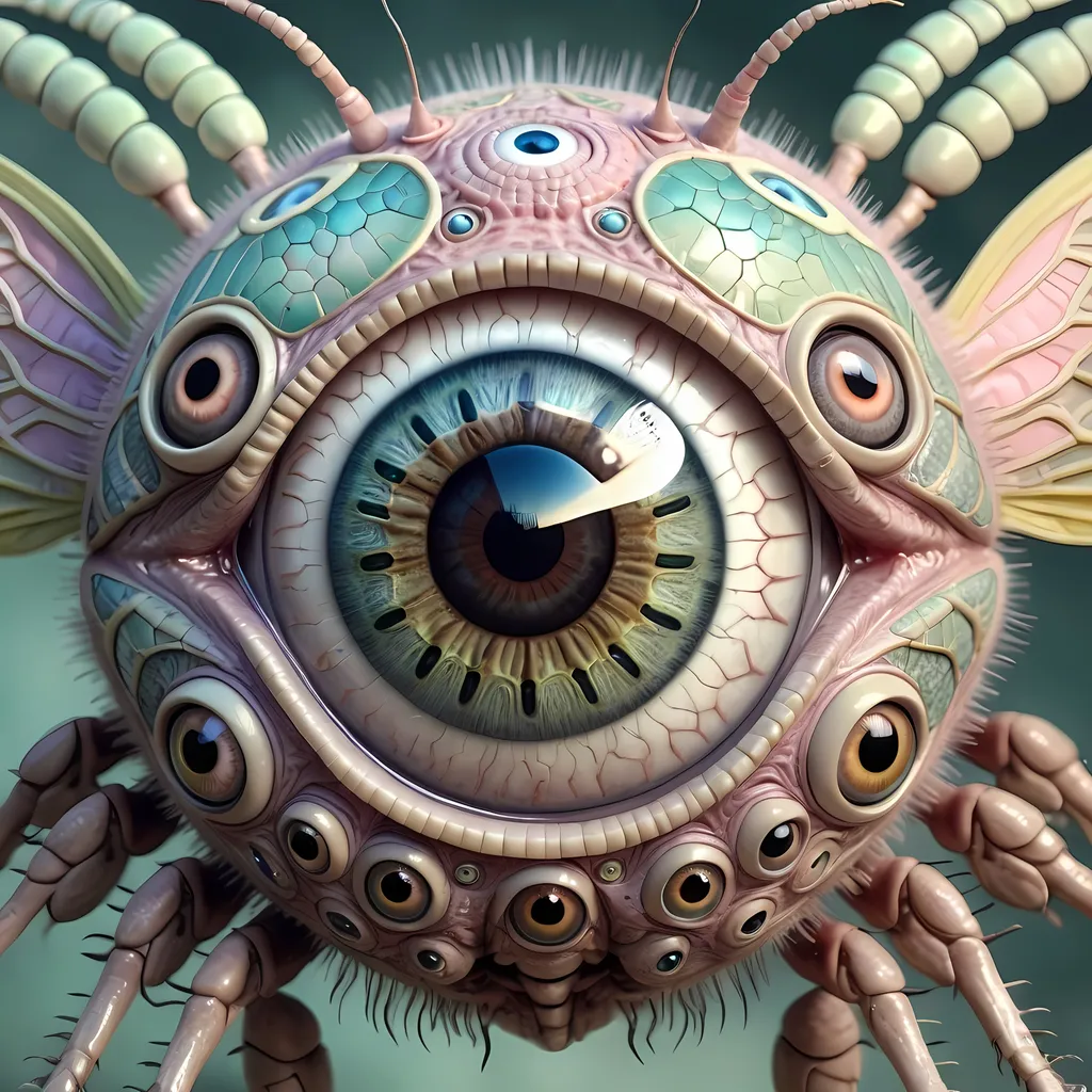 Prompt: A surreal extremely hyper realistic super textural psychedelic geometric eyeball creature with insect wings, pastel light colors,  lots of crazy trippy psychedelic human eyes, human teeth, organic and mechanical, multidimensional, weird surreal unsettling odd