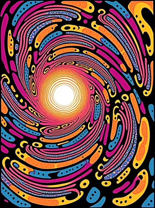 Prompt: <mymodel>Psychedelic illustration of a black hole, swirling vortex of colors, bending space-time at event horizon, cosmic energy, high quality, detailed rendering, surreal, psychedelic, vibrant colors, space-time distortion, cosmic, mind-bending, event horizon, swirling patterns, intense energy, trippy, artistic rendering