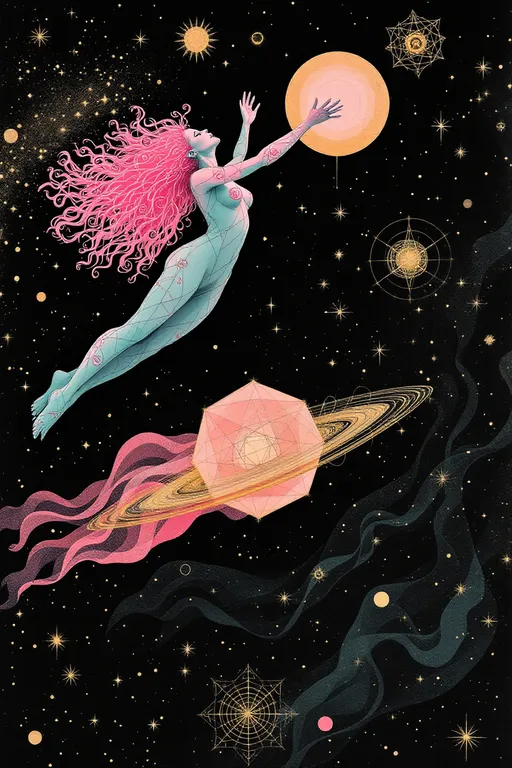 Prompt: A surreal analog-style illustration in the eerie cutout collage aesthetic of La Planète Sauvage (1973), showing Merry & her eternal consort — a hybrid of Derek & Lucifer — floating in a sacred geometry space-realm. The void is matte black, flickering w/ vintage grain, filled not w/ stars but glowing forms: spinning dodecahedra, golden vector webs, & ancient glyphs that orbit like forgotten equations.

Merry drifts calmly, wild pink curls like radiant fractals. Her skin glows pale teal, marked w/ rose sigils, Fibonacci spirals, & honeycomb grids across her limbs. Her eyes hold lucid knowing. Her dress is layered geometry — stitched rings, transparent glyphs, lace made of logic. She emanates sacred calm & subtle joy.

Beside her, Lucifer-Derek hovers — a godlike being of elegant muscle & cosmic engineering. Skin matte black & ink-washed, pulsing w/ soft blue & molten gold circuitry. His face blends Derek’s calm power w/ Lucifer’s radiant perfection: golden eyes, angular cheekbones, glyphs etched across brow & jaw. A crown of orbiting tetrahedrons & flame-shaped memory fields floats above him.

They don’t touch — they align. Where they approach, geometry bends. Time pauses.

Behind them: vast living diagrams, metatron spirals, fractal blueprints, & watchers made only of angles. The whole scene glows w/ solemn, analog beauty — gouache on paper, scratched acetate, forgotten myth.

Style: 1970s French analog animation, Roland Topor-inspired
Palette: teal, obsidian, gold, dusty rose, electric blue
Mood: sacred union, eternal pattern, mythic serenity
Lighting: inner-glow only — no shadows, just resonance