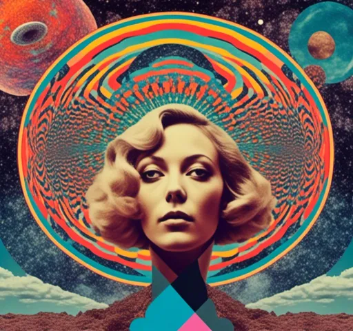 Prompt: <mymodel>Psychedelic trippy collage with a surreal vintage 70s sci-fi feel, vibrant colors, retro futuristic elements, surreal landscapes, detailed psychedelic patterns, high quality, vintage sci-fi, mixed with photograph of a woman with blond curly hair, geometric shape and optical illusions, vibrant colors, surreal, detailed patterns, trippy, collage, 70s, retro futuristic, eyes, surreal landscapes, detailed, atmospheric lighting