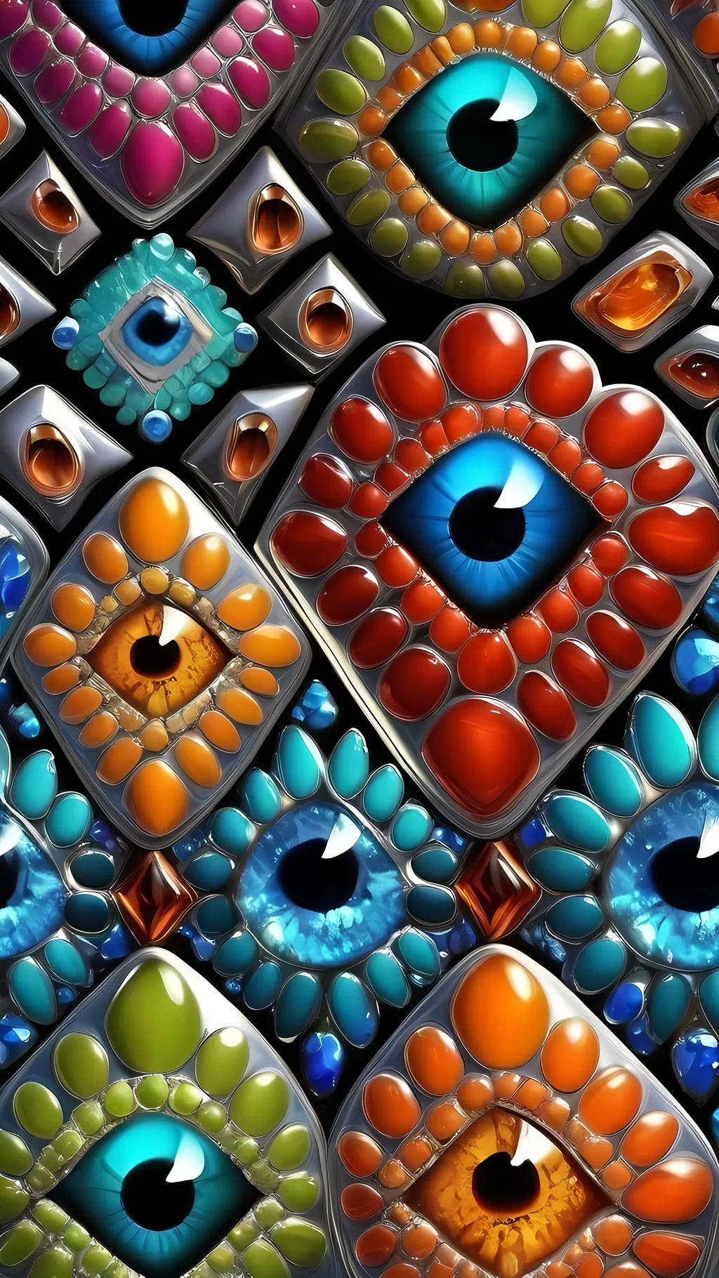 Prompt: Create an extremely hyper-realistic, ultra super textural, weird, trippy, surreal, psychedelic pattern/design based on crystal tiling, with lots of human eyes (crazy colorful compound psychedelic), rows of human teeth, human lips, and tongues. Include mineral crystal accents.

- **Colors**: determined by the properties and expressions of the elements, minerals, and metals: phosphorus, peridot, citrine, tourmaline, pyrite, silver.

**Shapes and forms**
-crystalline (acicular)

- **Textures**: Derived from any/all organic elements, minerals, metals, crystals, organic things mentioned in this prompt.

**Composition and Layout**:
- Spherical layout/composition
- crystal tiling
- hyperbolic forms and structures
-zoomed out creating a surreal pattern/design using arabesque tiling

**Lighting**:
- Lots of bright light

**Detail and Atmosphere**:
- Extreme hyperrealistic sharp high detail high definition organic and mineral textures
- Psychedelic, weird, odd, surreal atmosphere
- Frozen in time

**Additional Elements**:
- Diatoms, extra rows of teeth, lips, many eyes,fungus

Capture this scene using Canon EF 70-200mm t/2.8L IS III USM film