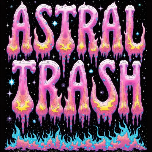 Prompt: 

The words “Astral Trash” are constructed entirely from surreal, floating fragments of cosmic debris—astral trash gathered from the deepest dream realms and psychic detritus fields. Each letter is formed from a chaotic yet beautiful mixture of discarded mystical artifacts, broken halo rings, fragments of shattered dimension-glass, tangled dreamwires, psychic crust, and iridescent wrinkled membranes.

Tiny bioluminescent spores from astral fungi drift like glowing dandruff across the scene. Letters twist with tendrils of electromagnetic ectoplasm, flickering with embedded glyphs and distorted radio signals. Glitchy patterns (moire interference, digital scanlines, and lens tears) subtly infect the forms, creating movement even in stillness.

Gem fragments (fluorite, tourmaline, obsidian, raw diamonds) are encrusted into the trash, reflecting impossible light fields. Quantum trash floats around—like flickering loops of entangled memory and Planck-scale foil wrappers. Fractal shadows stretch across space, wrapping around each glyph.

Rendered in ultra hyperrealistic, super surreal style with intense depth, microscopic texture, glowing edge lighting, and a palette of radiant neons, decayed metallics, bruised purples, and oil-slick blacks. Camera angle is slightly tilted, as if this floating text was just discovered drifting in a derelict psychic orbit.

⸻

Want it animated? Or want the trash to spell something else?