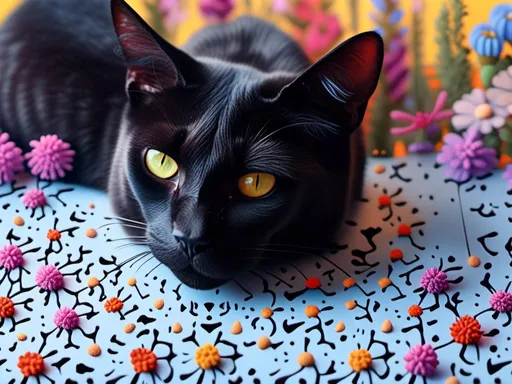 Prompt: <mymodel>Realistic digital painting of a majestic black cat, vibrant multicolored mushrooms, and wildflowers, highres, detailed fur and whiskers, digital painting, realistic, vibrant colors, natural lighting