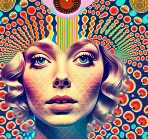 Prompt: a psychedelic collage reminiscent of 70s psychedelic sci fi collage artwork celebrating a girl on mushrooms. It is to feature a photograph of a woman with blond curly hair that is edited by splicing it with other images from photographs, magazines, newspapers, illustrations/paintings to create the impression she is high on magic mushrooms. The work will include such elements as a psychedelic 3rd eye open, stars and planets, trippy optical illusions and patterns, psilocybin cubensis mushrooms, fractals, UFOs, aliens, geometric shapes, auras, rainbow spectrums, sacred geometry, trippy drippy stuff, psychedelic hallucinations, open eyes, landscapes of astral worlds<mymodel>