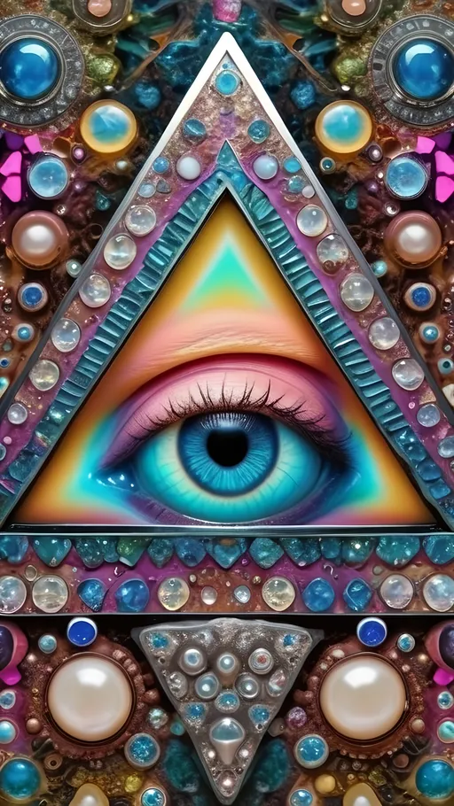 Prompt: an extremely hyper realistic ultra super textural weird trippy surreal psychedelic entity, Sierpinski Triangle, ,,, translucent, white, pearlescent finish, inlaid opal, glittering crystal accents, silver, pyrite, quartz,, chrome, bright vivid teals, blues, pinks/yellows/greens,purples,  lots and lots of light, lots of crazy colorful compound psychedelic human eyes, rows of human teeth, human lips, tongues, fungus,  atoms, diatoms, diatomic, algae, bryozoans, Sierpinski Triangle, extreme high definition organic and mineral textures